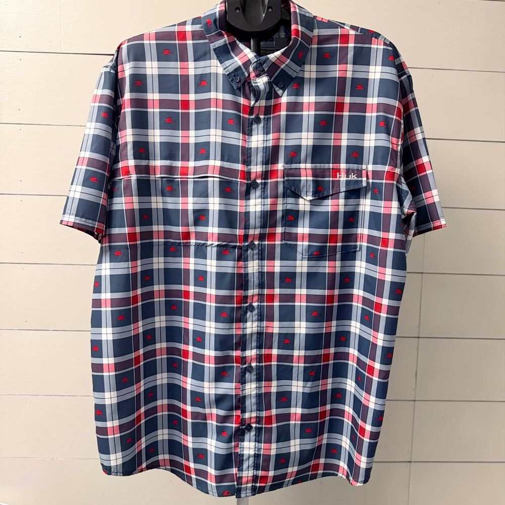 Huk Fishing Shirt Mens XL Short Sleeve Navy Red Plaid Sailfish Marlin Vented